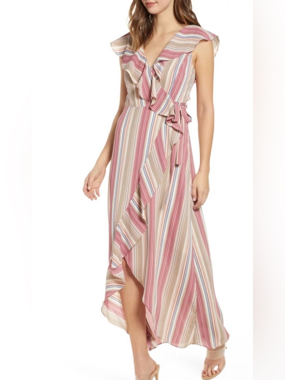 Leith Pink Multi-Stripe Ruffle Wrap High-Low Dress Cottagecore